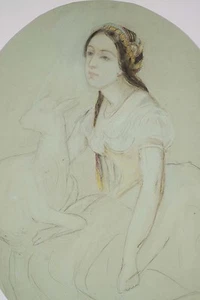 Dessin au Pastel et crayon début XX° Jeune Femme au mouton, format ovale - Foto 1 di 1