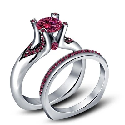 Juego de anillos de compromiso nupciales de zafiro creados en laboratorio redondos de 2 quilates de oro blanco de 14 quilates Foto 1 de 2