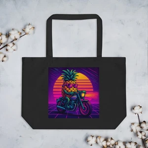 Retro Pineapple Biker Neon 90s Motorcycle Large organic tote bag - Picture 1 of 3