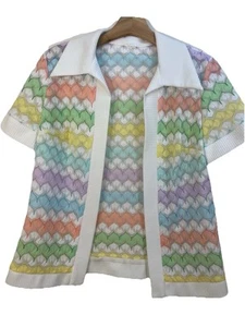 Vintage Sheer Knit Cardigan Medium Summer Coastal Grannycore Boho 70s Pastel - Picture 1 of 6