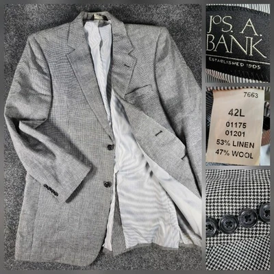 Jos. A. Bank Blazer Mens 42L Sport Coat Houndstooth Gray-Black Linen Wool Preppy - Image 1 of 4
