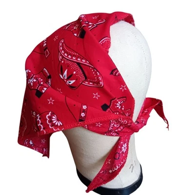 Vintage Women's Head Wrap 1970's Hippy Western Red Bandana With Cowboy Print - Image 1 of 4