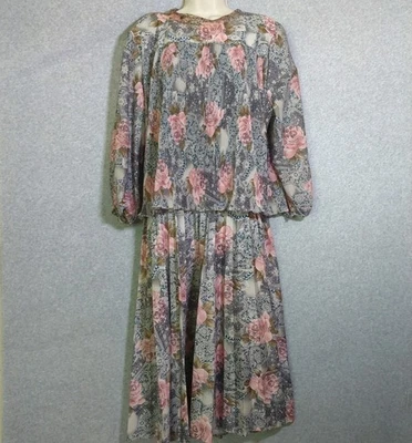 Vestido midi plisado blusa estampado rosas MCS LTD 22 modesto cabaña Y2K vintage años 80 Foto 1 de 4