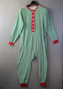 Ellieo One Piece Pajamas Adult XL Green Red White Striped Rear Flap Pockets - Picture 1 of 17