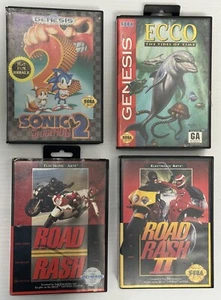 🎮👾 Vintage Sega Genesis Game Lot - 4pc: Road Rash 1 & 2, SONIC-2, ECCO W/Box - Picture 1 of 4