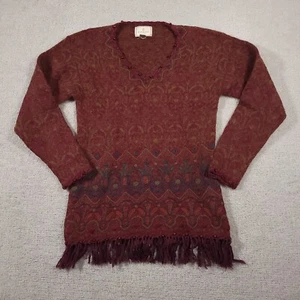 Vtg Express Tricot Knit Mohair Wool Blend Sweater Women's Medium Burgundy Beige - Picture 1 of 13