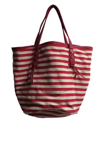 Massi Tote Handbag Red White Stripes Zipper Interior Pocket Leather Cotton - Picture 1 of 4