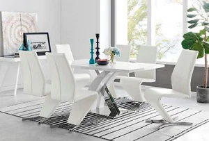 ATLANTA White High Gloss and Chrome Dining Table & 6 Faux Leather Willow Chairs - Picture 1 of 61