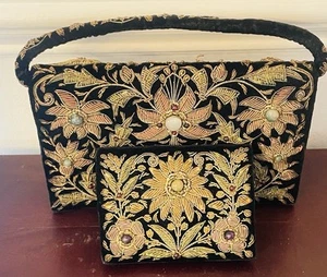 Vintage Black Velvet With Embroidered Gemstones And Matching Embroidered Wallet - Picture 1 of 13