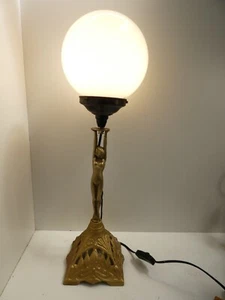 BRASS PAINTED DIANA LADY STATUE LAMP GLASS BALL LIGHTSHADE CAST NOUVEAU BASE - Picture 1 of 16