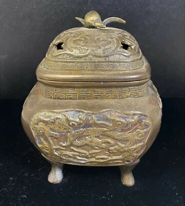 Chinese Bronze Incense Burner Censer with Lid 4 Leg Dragons Marked Heavy - Picture 1 of 8