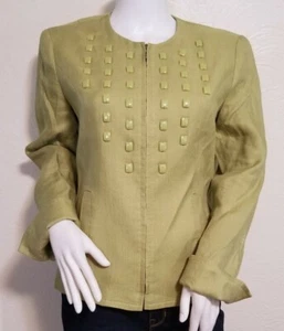 Jones New York Collection Size 8 Green Linen BL Full Zip Jeweled Blazer Jacket - Picture 1 of 5