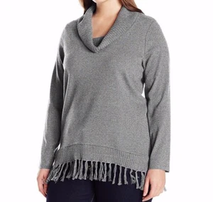 Rafaella Damen Wasserfallausschnitt Strick mit Fransen Pullover silber meliert Übergröße 2X - Bild 1 von 4