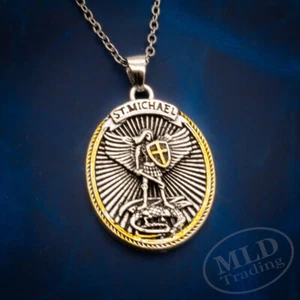 Heiliger Michael Anhänger Halskette, oval Silber-Gold, 18" Kette, Epheser 6:10 - Bild 1 von 12