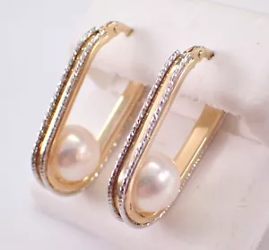 14k Yellow Gold Pearl Hoop Earrings Unique Fine Jewelry Gift - Picture 1 of 6