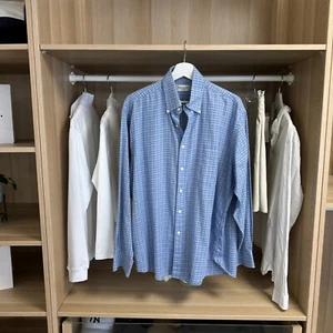 Vintage Yves Saint Laurent Mens Shirt Size 16 L Blue Plaid Long-Sleeve YSL - Picture 1 of 4
