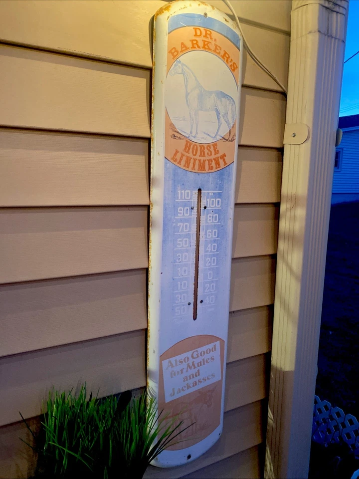 Vintage DR BARKERS HORSE LINIMENT Farm Animal Advertising Thermometer SIGN - Image 1 of 4