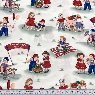 Retro Children 4th of July Picnic David Textiles Cotton Fabric by the HALF YARD - Image 1 of 2
