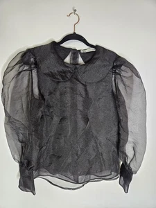 Zara Women's Black Peter Pan Collar Organza Sheer Back Blouse Size Small - Picture 1 of 8