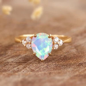 Natural white fire Ethiopian opal ring 14K Gold Plated October birthstone Rings - Picture 1 of 4