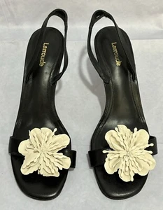 Larroudé Larroude Hibiscus Flower Slingback Sandal Heel Black Women’s Size 8 - Picture 1 of 17
