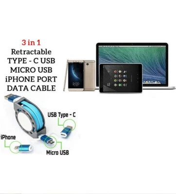 CABLE USB RETRÁCTIL AZUL 3 EN 1 CARGADOR DE TELÉFONO CABLE MÚLTIPLE CABLE PARA TODO TELÉFONO - Imagen 1 de 2