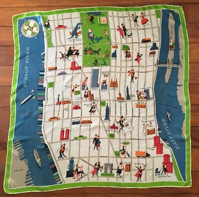 SILK SCARF 50s 60s Vintage Map of New York Hand hemmed Head Neck Retro Souvenir - image 1 of 4