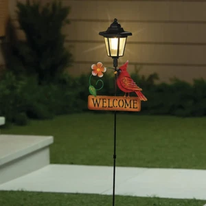 Solar WELCOME Lamp Post Lantern CARDINAL Yard Stake Outdoor Garden Light Decor - Picture 1 of 4