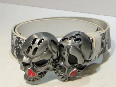 Double Skull Head Metal Belt Buckle on Black & White Belt - Image 1 of 4