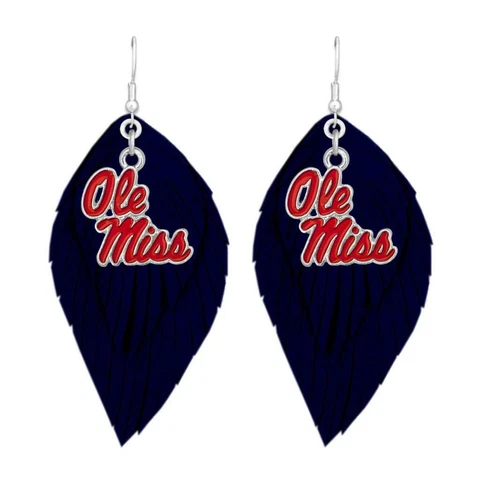 Ole Miss Rebels Navy Red Boho Leather Feather Wire Earrings Jewelry Gift Cover