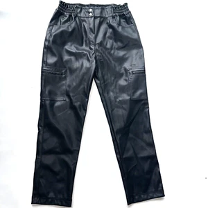 Fashion Nova Pants Womens L Black Faux Leather Baggy Cargo High Elastic Waist - Picture 1 of 14