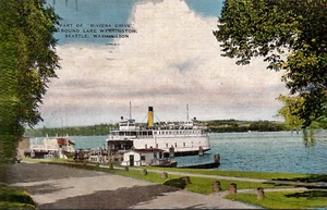 Lake Washington Riverside Drive Seattle • Dock Riverboat • Linen Posted 1954 - Picture 1 of 2