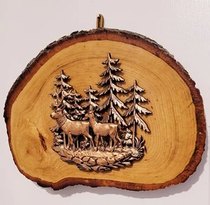 VTG 1960s Wood Slice Bark Rim Copper Tone 3D Deer Scene Niagara Falls-Canada - Picture 1 of 14