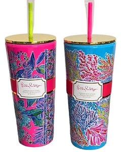 Lilly Pulitzer 24oz Tumbler w/Straw Splashdance & Lil Earned Stripes Gold Lids - Picture 1 of 15