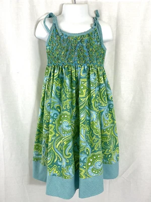 Girls 3 3T Vive La Fete Smocked Sun Dress Paisley Gingham  Aqua Turquoise Lime  - Image 1 of 4