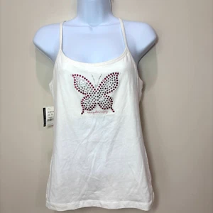 NY & Co 90s White Tank Top Pink Butterfly Rhinstones Women M Racerback Y2K NWT - Picture 1 of 7