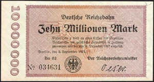 10 Million mark 1923 - Series: Bo 62 034631 Reichsbahn (Railroad) note  -VF-#E10 - Picture 1 of 4
