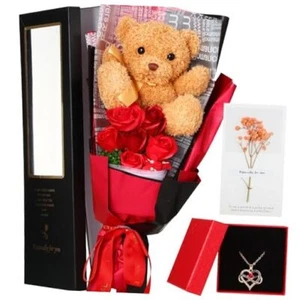 Preserved Flowers Rose Bouquet with Bear, 15 Inch Gift Box with Rose Plush - Picture 1 of 8