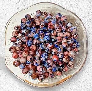 50pcs-10mm Round Glass Bead Pack Blue/Black/Red Marbled With 1mm Hole - Picture 1 of 2