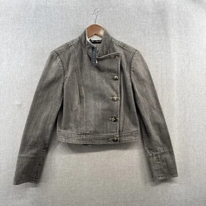 NEW Theory Denim Jacket Womens Large Slim Gray Cropped Button Up Moto Grunge - Picture 1 of 15