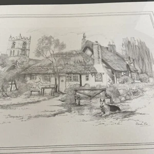 Vintage Pencil Drawing The Plough Inn Pub, Church & dog by Glenda Rae Framed - Picture 1 of 6