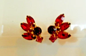 EARRINGS, RUBY RED STONES & 1 PINK W/GOLD TONE BACKING, 1 1/2" CLIP ON TYPE - Picture 1 of 5