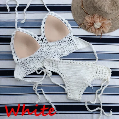 Sujetador de ganchillo hecho a mano Traje de baño Playa Push-up Bikini Conjunto Halter Cami Camiseta sin mangas Camiseta corta Foto 1 de 4
