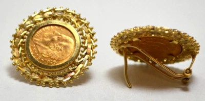 1945 2.50 Gold Pesos Dos Y Medio Mexican Coins 14K Yellow Gold Earrings Set Vtg - Image 1 of 4