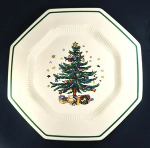 Set of 3 Nikko Japan "CHRISTMASTIME" 10 7/8" Dinner Octagon Plates Green Trim - Picture 1 of 3