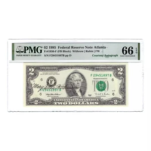 $2 1995 Small Size $2 Federal Reserve Notes 1936-F PMG 66 Withrow Signed - Picture 1 of 2