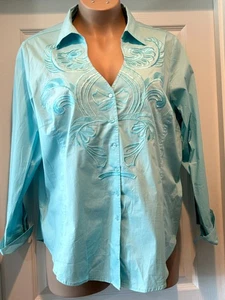 Blusa blusa manica lunga ricamata blu nuova con etichetta morbidi dintorni taglia 2XL classica - Foto 1 di 4