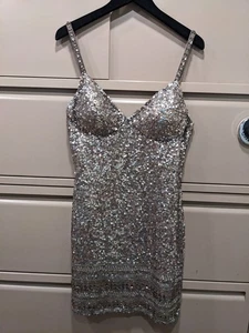 Scala Sequin Silk Beaded Mini Dress Sz 8 Sweetheart Neckline Silver Beige - Picture 1 of 12
