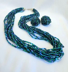 12 Strang Micro Rocailles Halskette & Clip Ohrringe Kobaltblau Grün Vintage Schmuck - Bild 1 von 6