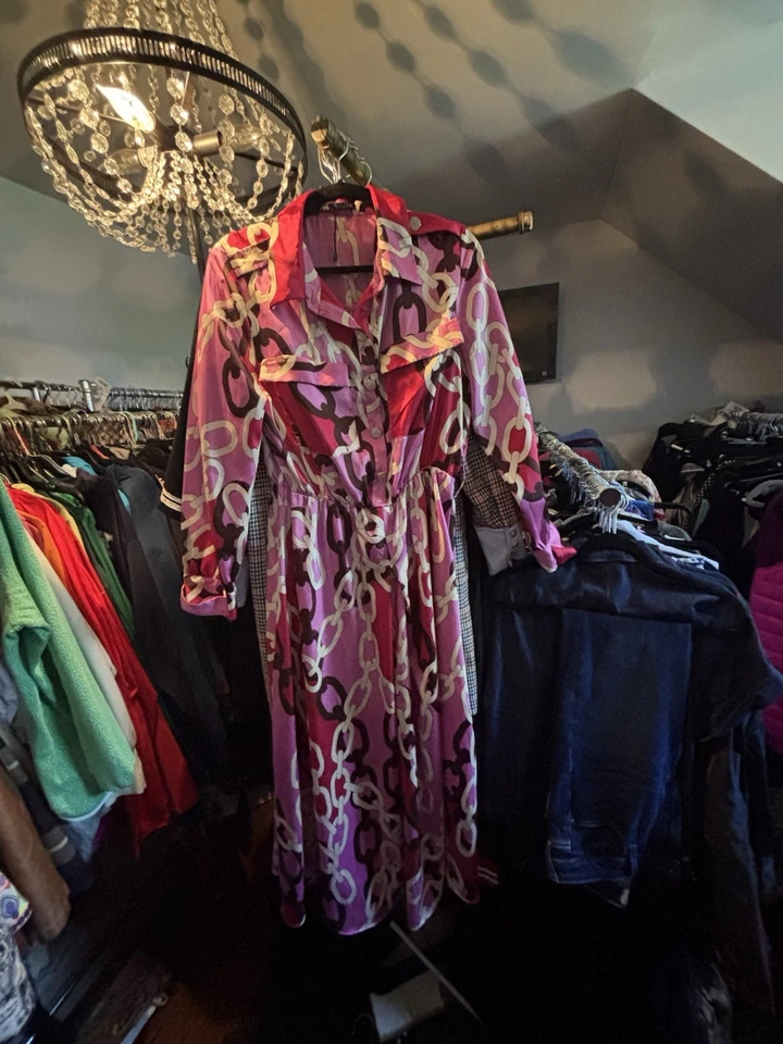 Zara L Pink Chain Print Long Sleeve Twill Maxi Shirt Dress - Image 1 of 1